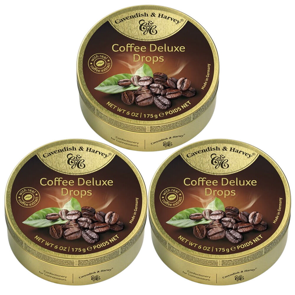 Cavendish & Harvey 3 x Deluxe Coffee Drops 175g Tin Sweets Candy Lollies