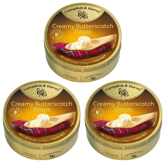 Cavendish & Harvey 3 x Creamy Butterscotch Drops 175g Tin Sweets C&H Candy Lollies