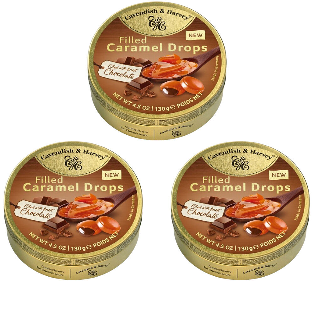 Cavendish & Harvey 3 x Caramel With Chocolate Drops 130g Tin Sweets Candy Lollies