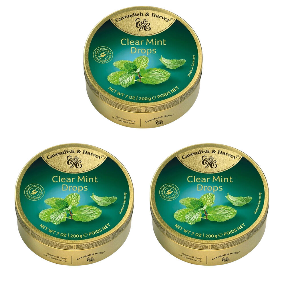 Cavendish & Harvey 3 x Clear Mint Drops 200g Tin Sweets C&H Candy Lollies