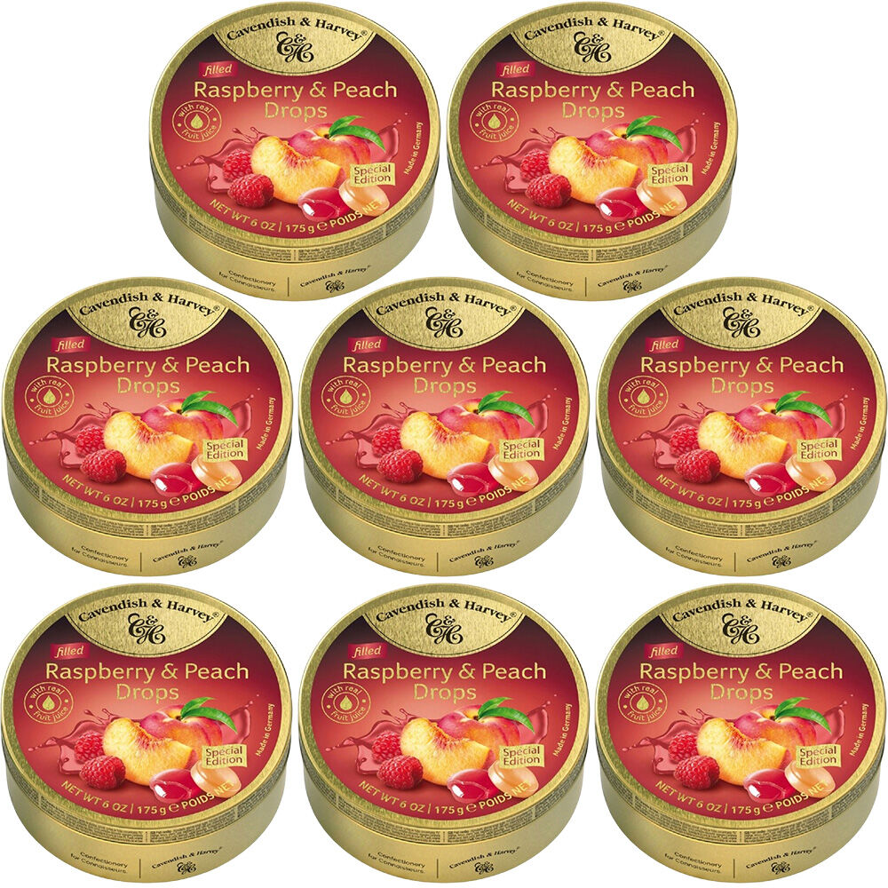 Cavendish and Harvey Raspberry & Peach Drops 175g Tin Sweets Candy Lollies x 8