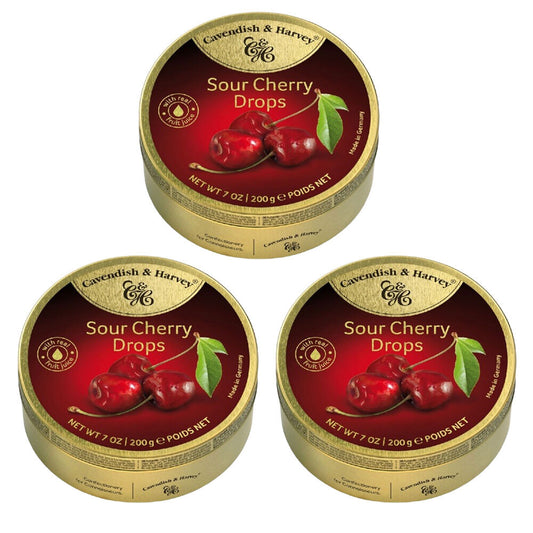 Cavendish & Harvey 3 x Sour Cherry Drops 200g Tin Sweets C&H Candy Lollies