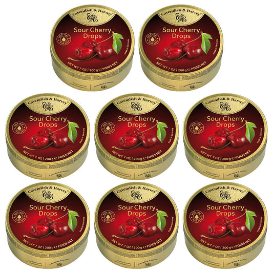 Cavendish and Harvey Sour Cherry Drops 200g Tin Sweets Candy Lollies x 8