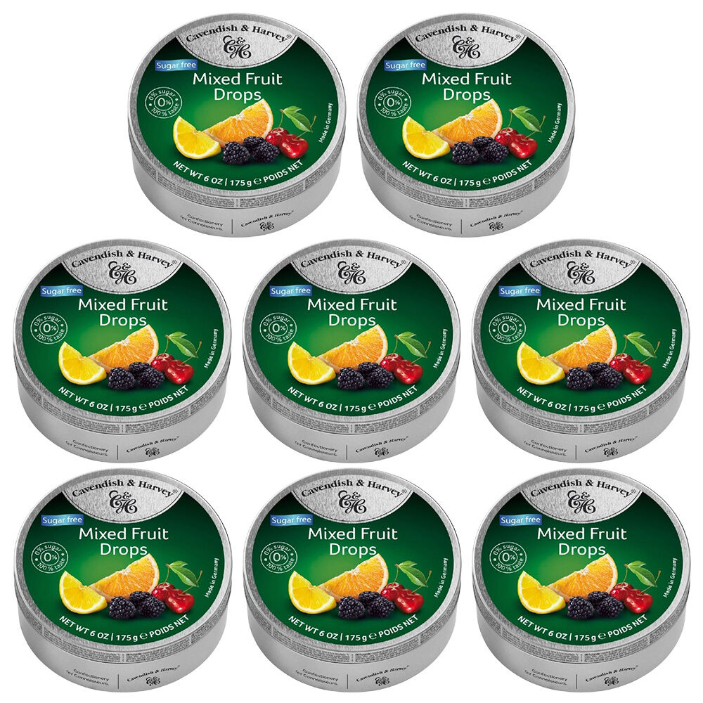 Cavendish and Harvey Sugar Free Mixed Fruit Drops 175g Tin Sweets Candy Lollies x 8