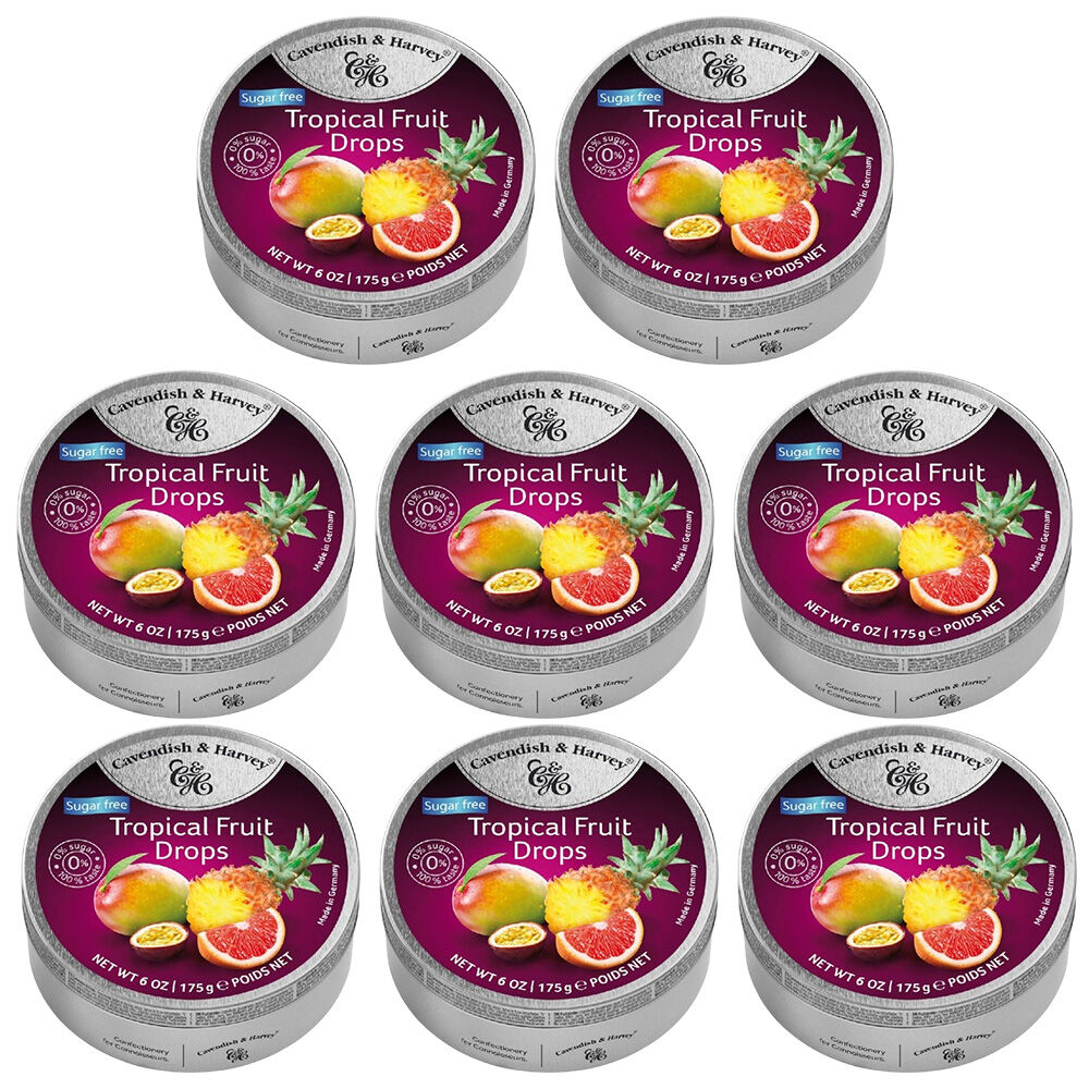 Cavendish & Harvey Tropical Fruit Drops 175g Tin Candy Lollies Sugar Free x 8
