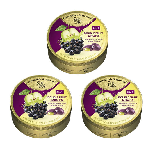 Cavendish & Harvey 3 x Double Fruit Blackcurrant Drops Filled With Apple 175gm Tin Sweets