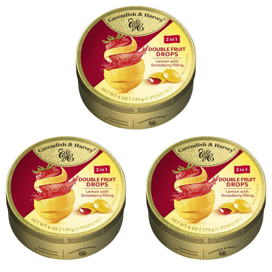 Cavendish & Harvey 3 x Double Fruit Lemon Drops Filled With Strawberry 175gm Tin Sweets