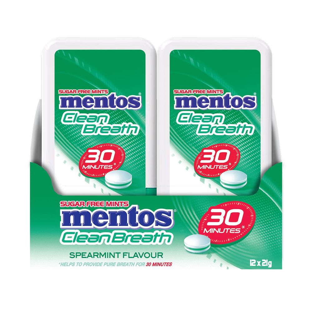 Mentos CleanBreath Spearmint Sugar Free Mints 21g Display of 12