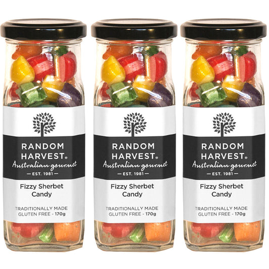 Random Harvest Fizzy Sherbet Candy 3 x 170g Glass Jars Gluten Free Vegan