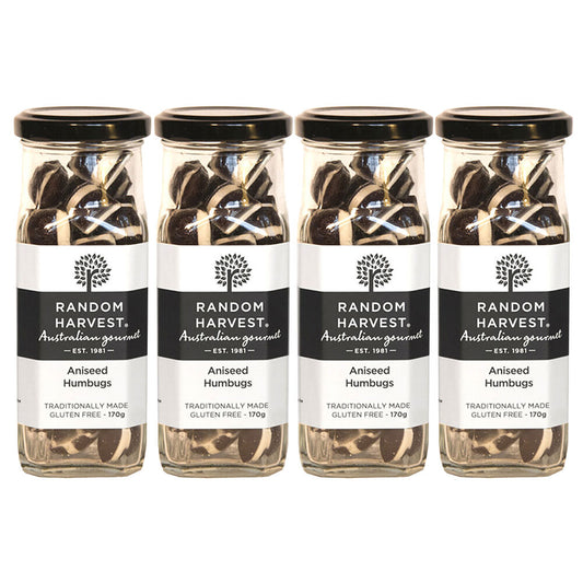Random Harvest Aniseed Humbugs Candy 4 Pack 170g Glass Jar Vegan Sweets