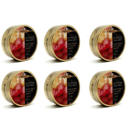 6 x Simpkins Rhubarb and Custard Drops 175g Tin Sweets Candy Lollies