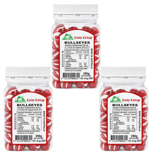 Candy Cottage Bullseyes 3 x 250g Old Style Lollies Set Australian