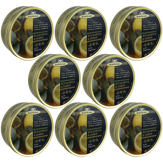Simpkins Eucalyptus Lemon Drops 8 x 175g Tins Natural British Travel Sweets