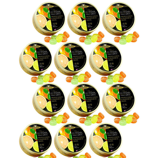 Simpkins Orange Lemon & Grapefruit Drops 12 x 200g Tins Citrus Travel Sweets UK
