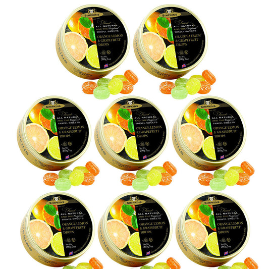Simpkins Citrus Fruit Drops 8 x 200g Tins Orange Lemon Grapefruit Travel Sweets