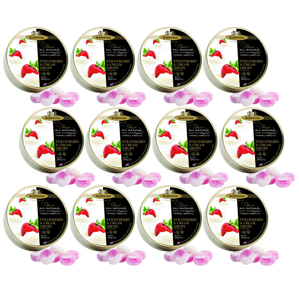 Simpkins Strawberries & Cream Drops 12 x 200g Tins Traditional British Sweets