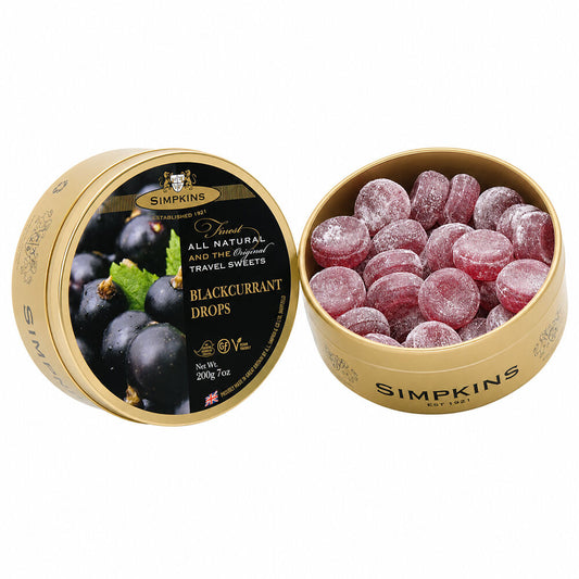 Simpkins Black Currant Drops 200g Tin Sweets Candy Lollies