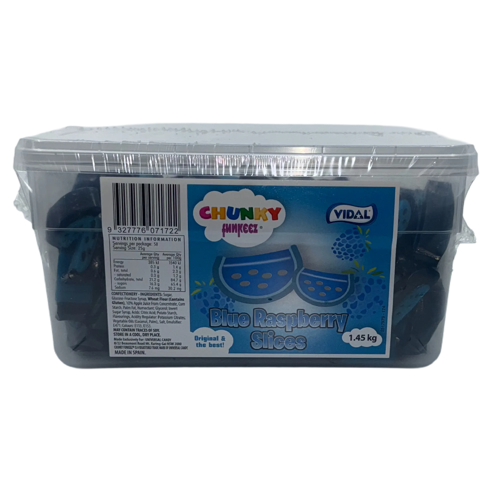 Vidal Chunky Liquorice Blue Raspberry Slices Tub 1.45kg Bulk Candy