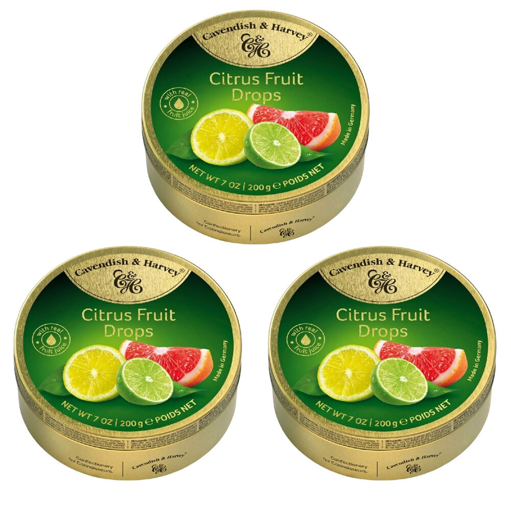 Cavendish & Harvey 3 x Citrus Fruit Drops 200g Tin Sweets C&H Candy Lollies