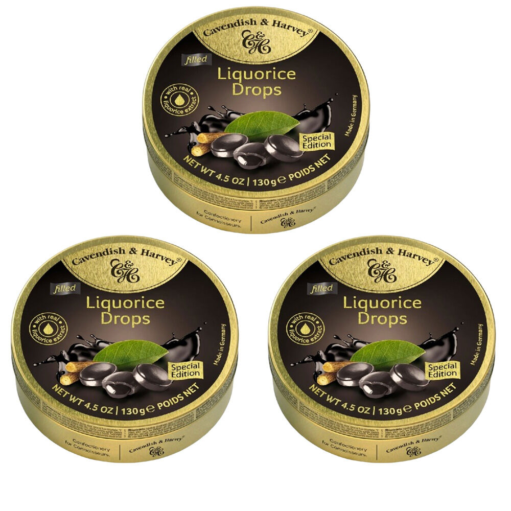 Cavendish & Harvey 3 x Liquorice Filled Drops 130g Tin Sweets C&H Candy Lollies