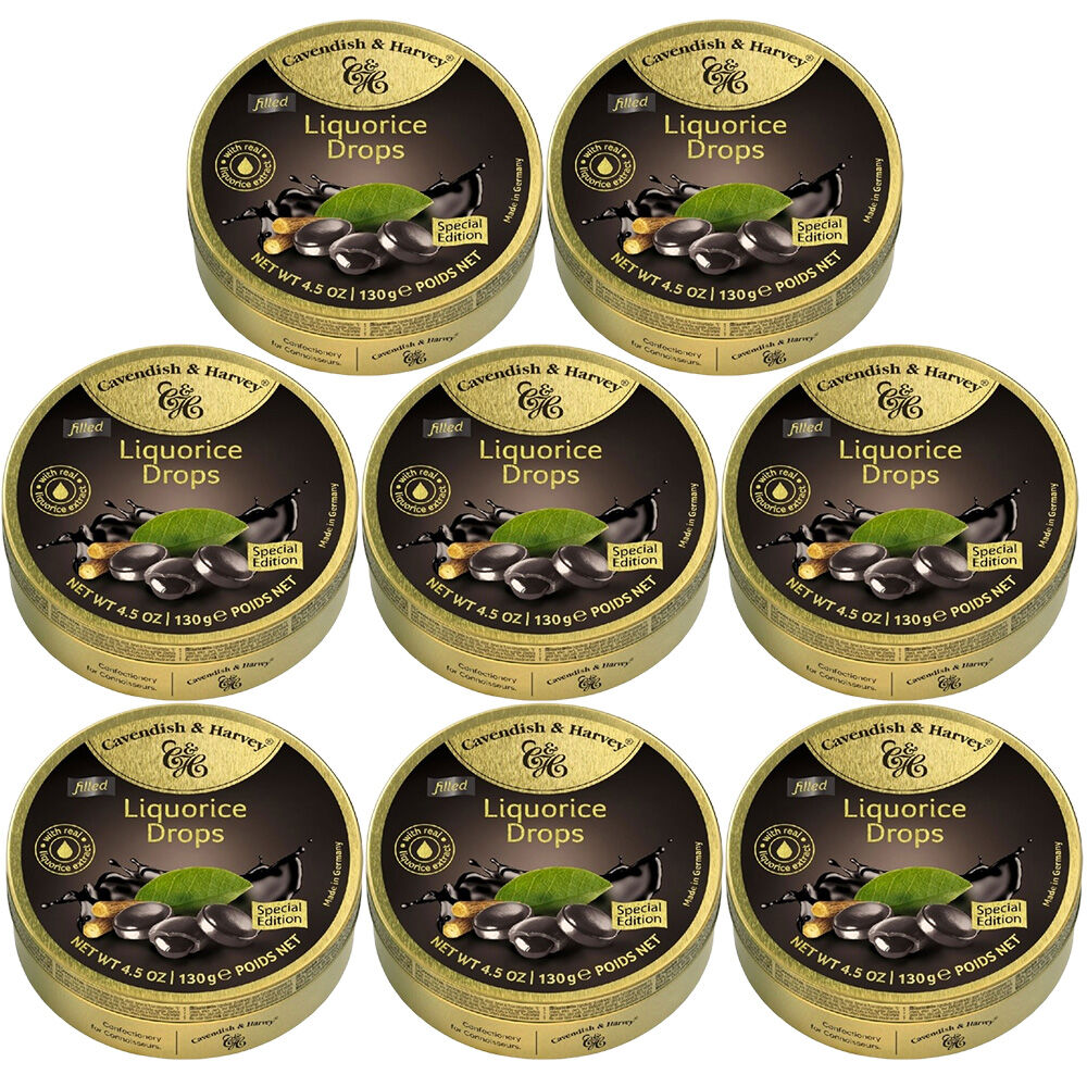 Cavendish and Harvey Liquorice Filled Drops 130g Tin Sweets Candy Lollies x 8