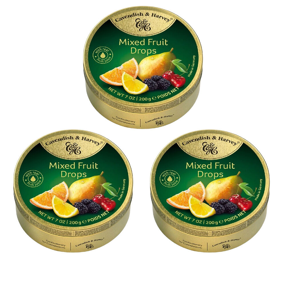 Cavendish & Harvey 3 x Mixed Fruit Drops 200g Tin Sweets C&H Candy Lollies