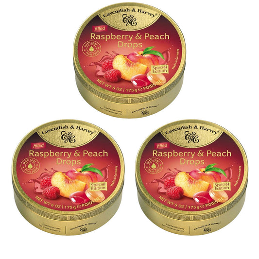 Cavendish & Harvey 3 x Raspberry & Peach Drops 175g Tin Sweets C&H Candy Lollies