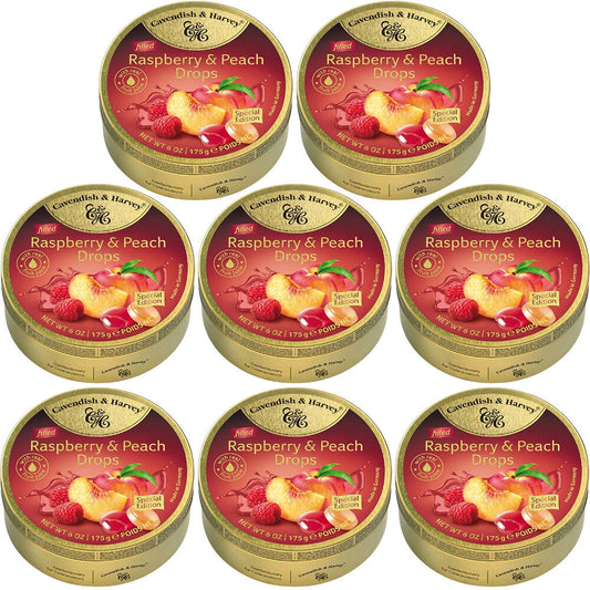 Cavendish and Harvey Raspberry & Peach Drops 175g Tin Sweets Candy Lollies x 8