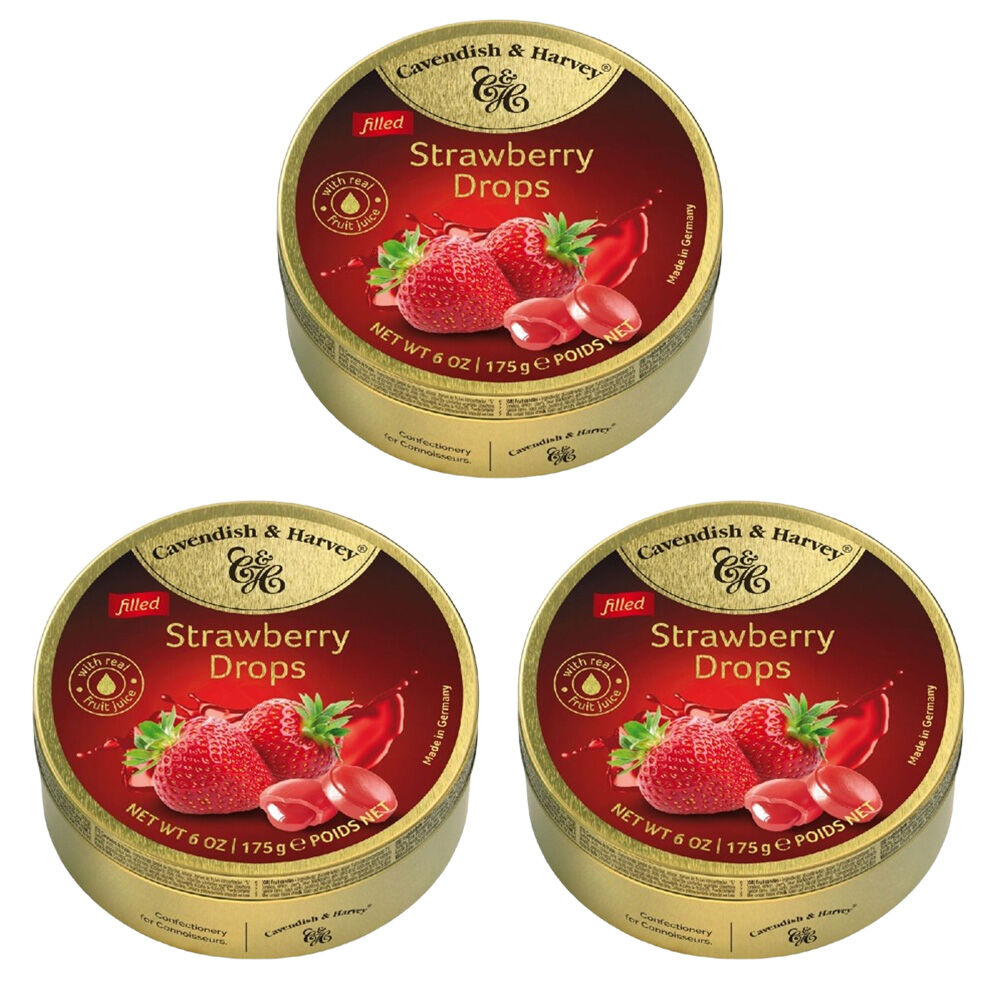 Cavendish & Harvey 3 x Strawberry Drops 175g Tin Sweets C&H Candy Lollies