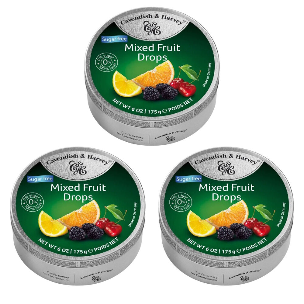 Cavendish & Harvey 3 x Sugar Free Mixed Fruit Drops 175g Tin Sweets Candy Lollies