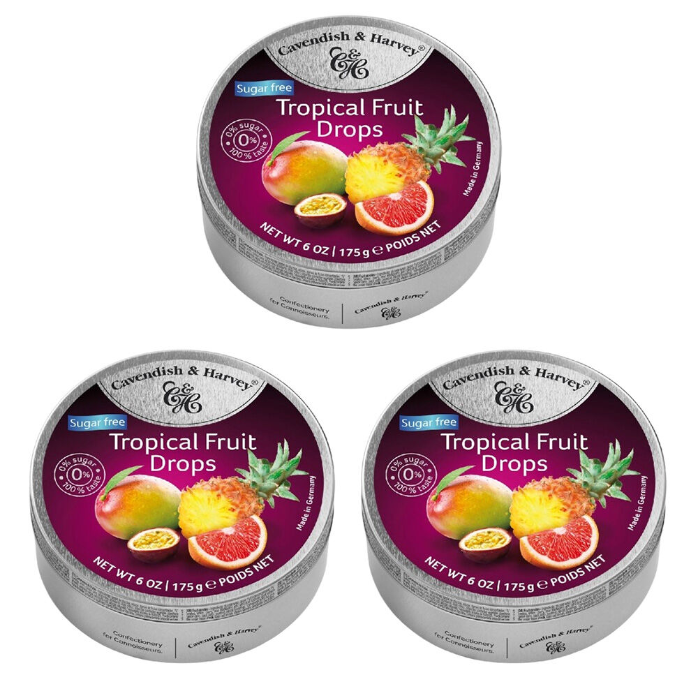 Cavendish & Harvey 3 x Tropical Fruit Drops 175g Tin Candy Lollies Sugar Free C&H