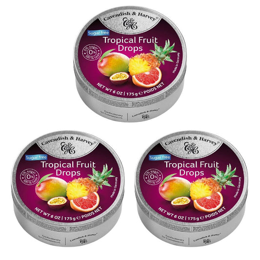 Cavendish & Harvey 3 x Tropical Fruit Drops 175g Tin Candy Lollies Sugar Free C&H