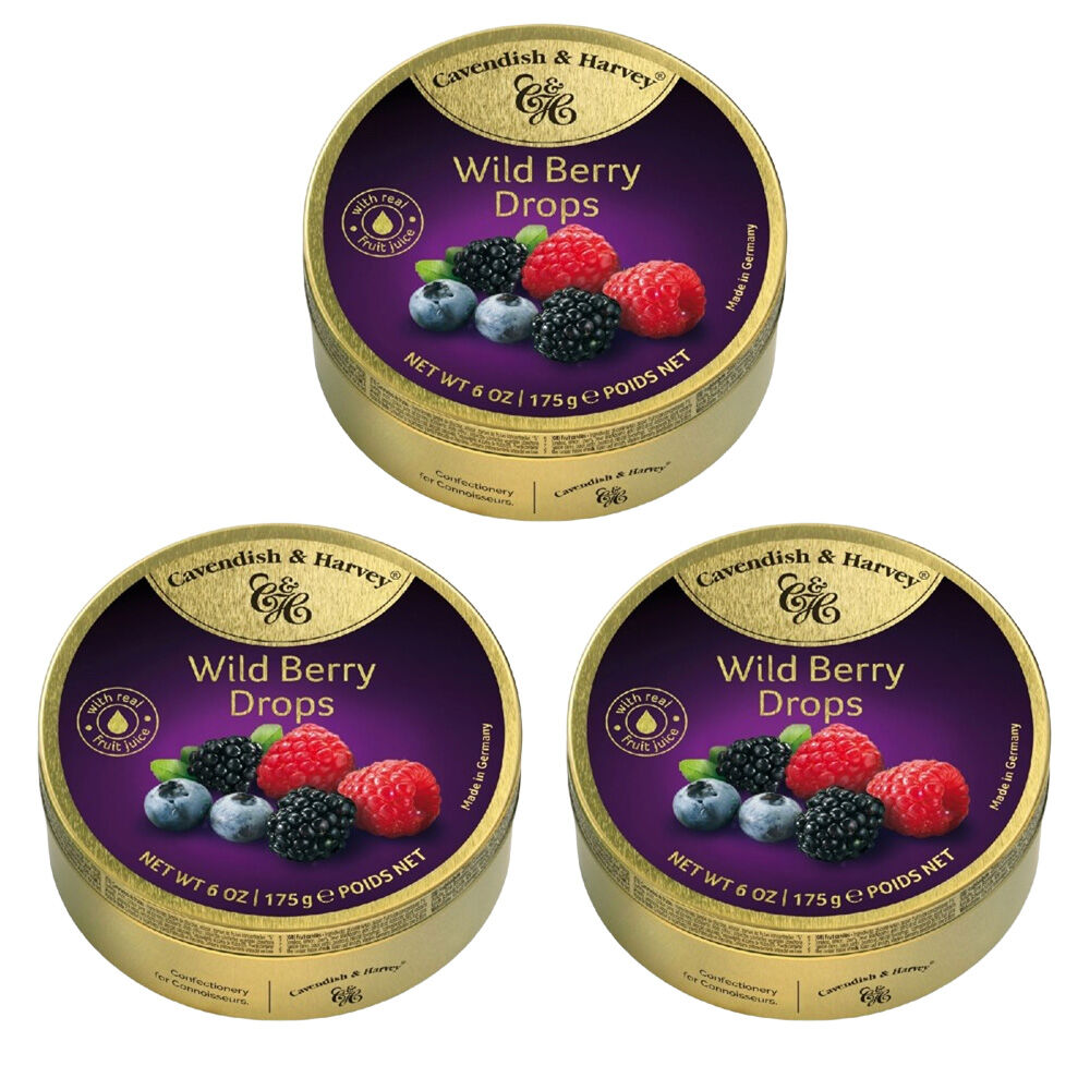 Cavendish & Harvey 3 x Wild Berry Drops 175g Tin Sweets C&H Candy Lollies