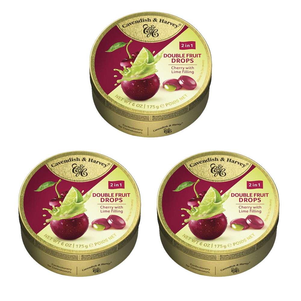 Cavendish & Harvey 3 x Double Fruit Cherry Drops Filled With Lime 175gm Tin Sweets