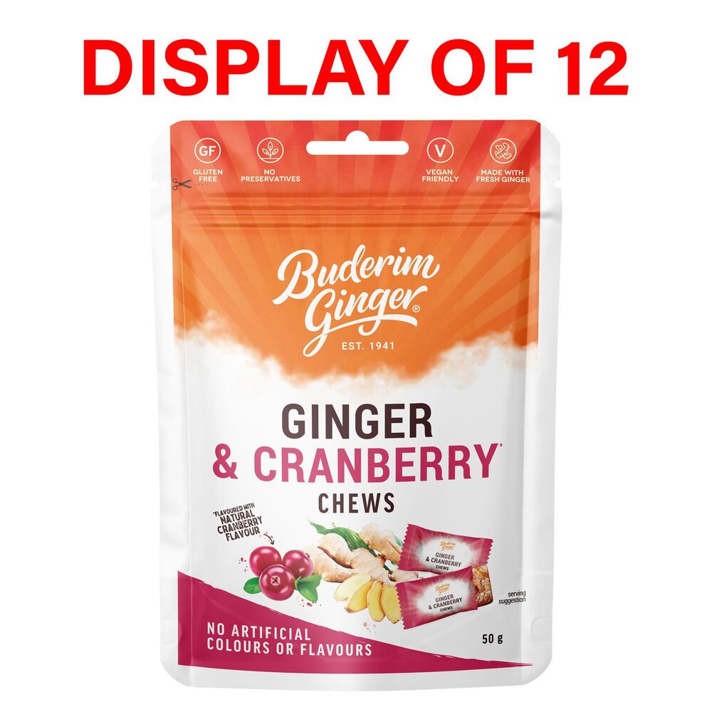 Buderim Ginger Ginger & Cranberry Chews 50g Display of 12
