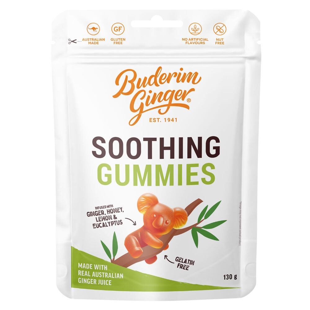 Buderim Ginger Gummies 130g Honey Lemon Eucalyptus Gluten Free Koala Shape