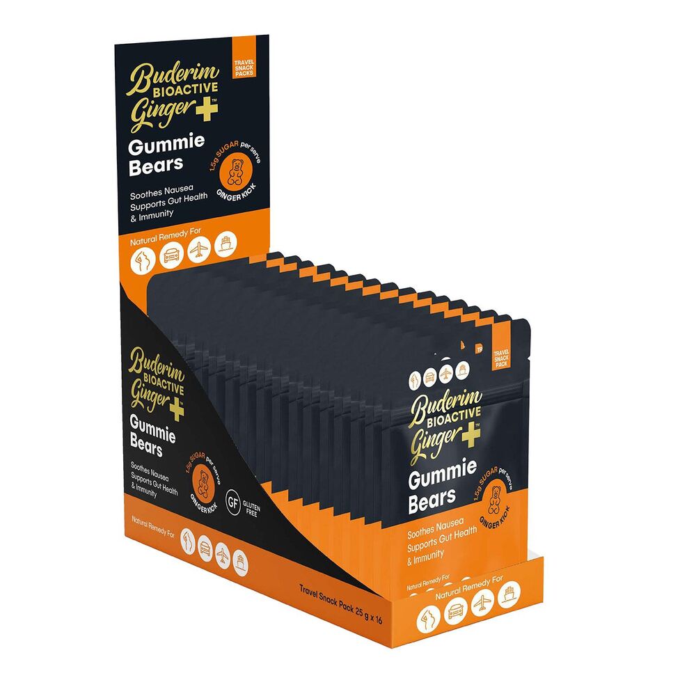 Buderim Bioactive Ginger Gummie Bears 25g Travel Pack Display of 16