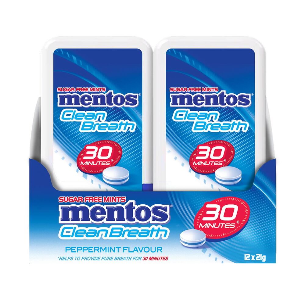 Mentos CleanBreath Peppermint Sugar Free Mints 21g Display of 12