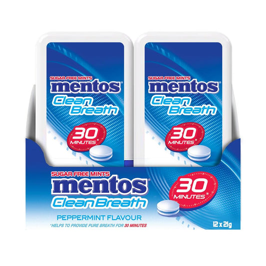 Mentos CleanBreath Peppermint Sugar Free Mints 21g Display of 12