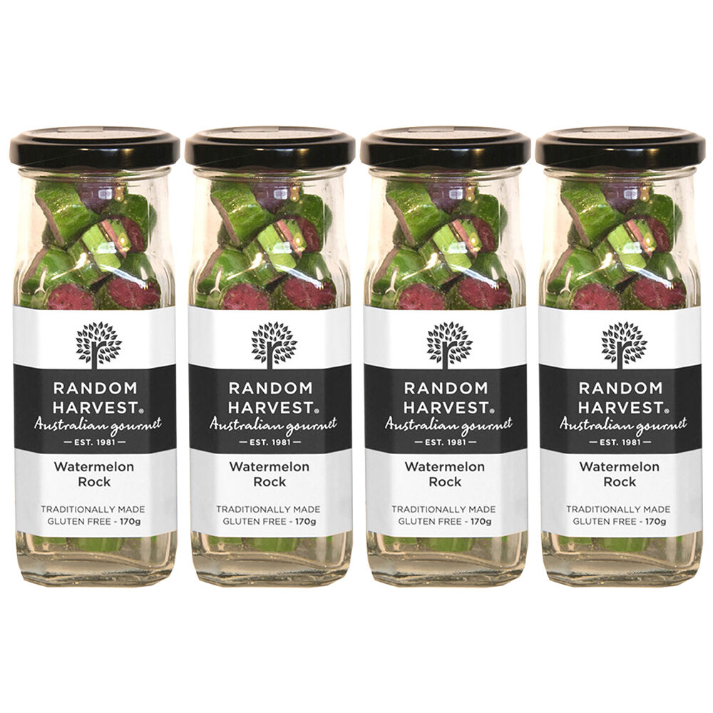 Random Harvest Watermelon Rock Candy 4 Pack 170g Glass Jar Vegan Sweets