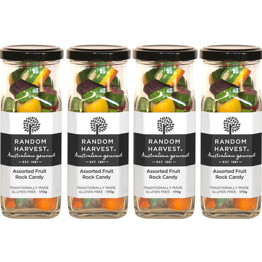 Random Harvest Assorted Fruit Rock Candy 4 Pack 170g Glass Jar Vegan Sweets