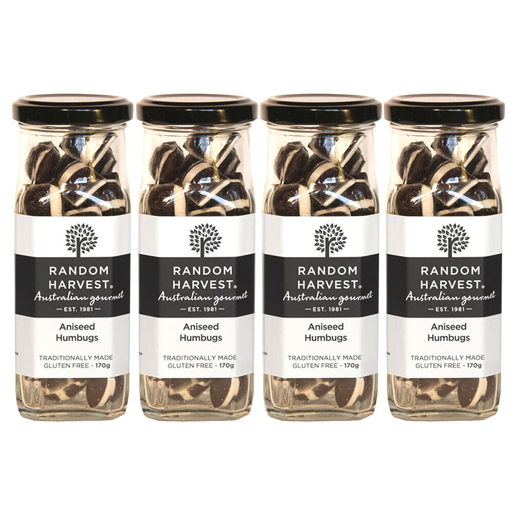 Random Harvest Aniseed Humbugs Candy 4 Pack 170g Glass Jar Vegan Sweets