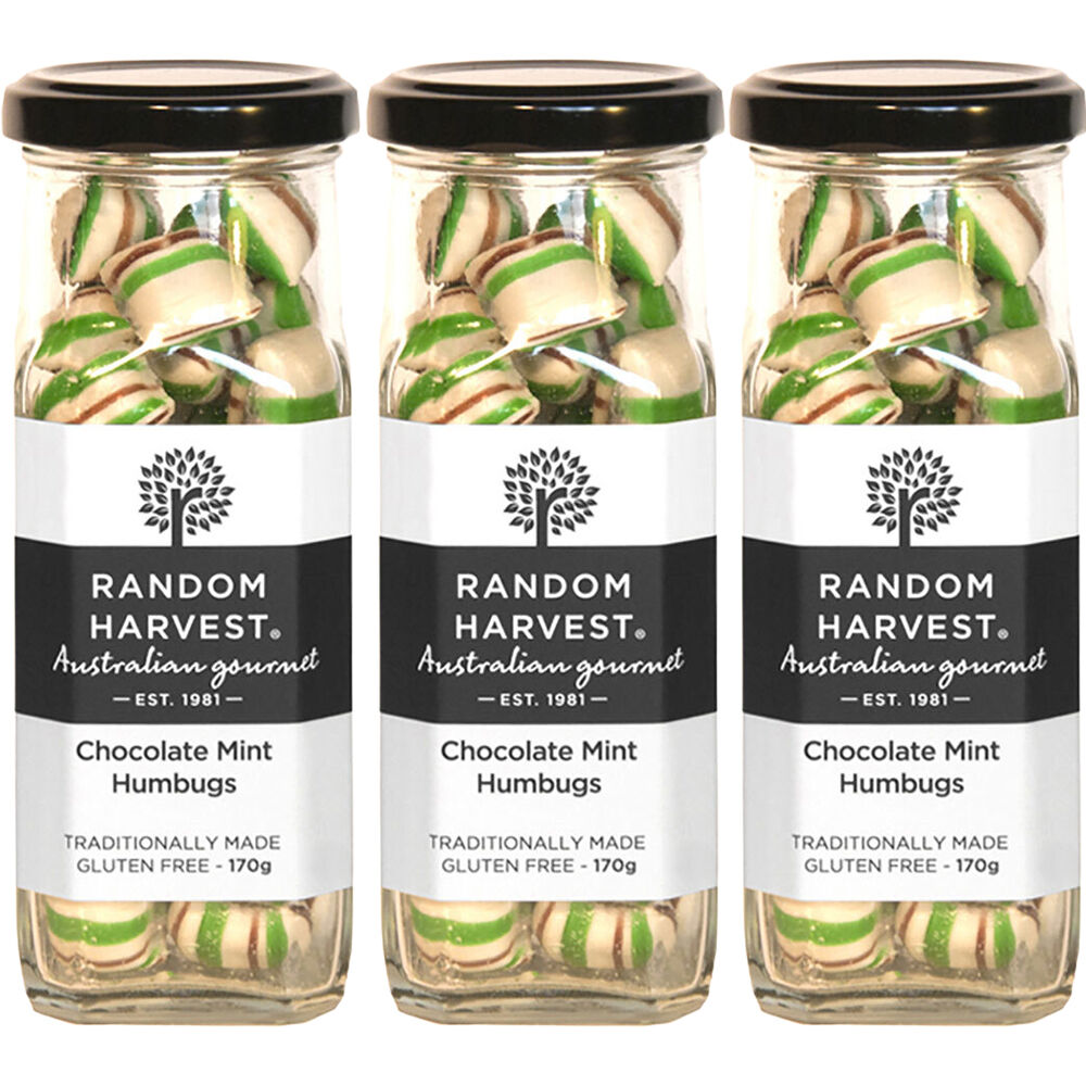 Random Harvest Chocolate Mint Humbugs Candy 3 x 170g Glass Jars ...