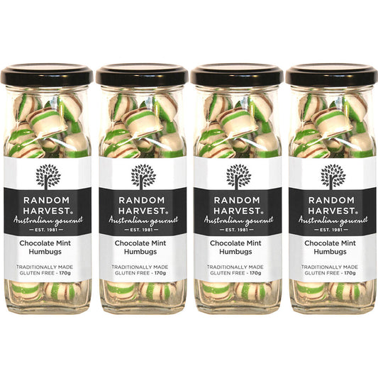 Random Harvest Chocolate Mint Humbugs 4 Pack 170g Glass Jar Vegan Sweets