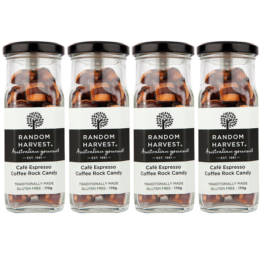 Random Harvest Cafe Espresso Rock Candy 4 x 170g Glass Jars Vegan Gluten Free
