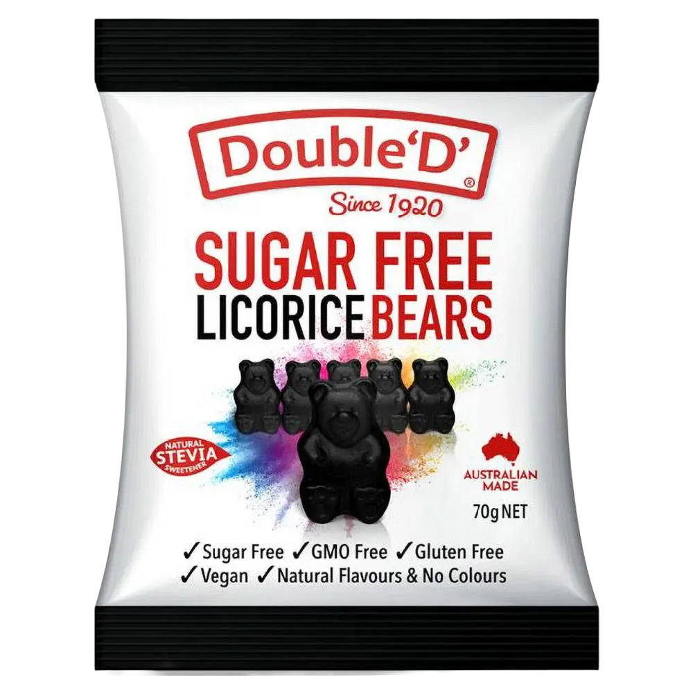Double D Sugar Free Licorice Gummy Bears 70g Soft Chewy No Sugar Candy