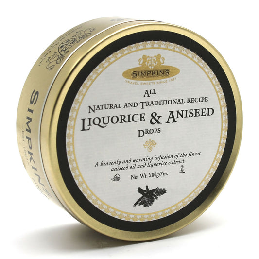 Simpkins Traditional Liquorice and Aniseed Drops 200g Tin Sweets Candy Lollies