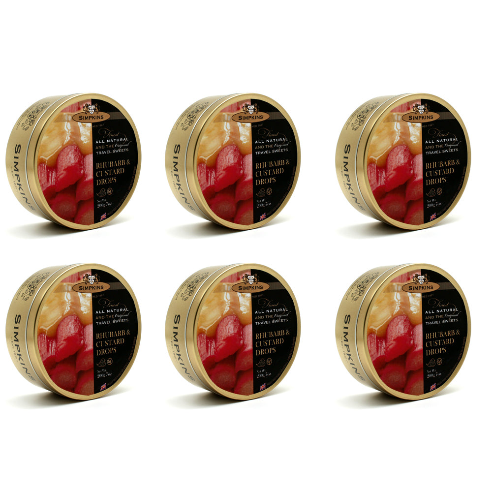 6 x Simpkins Rhubarb and Custard Drops 175g Tin Sweets Candy Lollies