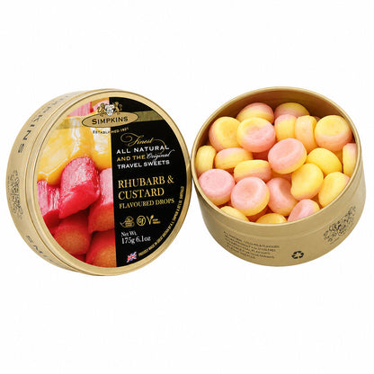 Simpkins Rhubarb and Custard Drops 175g Tin Sweets Candy Lollies