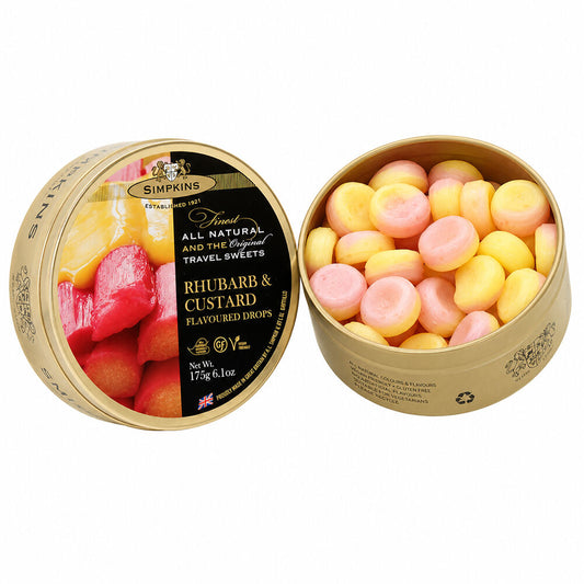 Simpkins Rhubarb and Custard Drops 175g Tin Sweets Candy Lollies